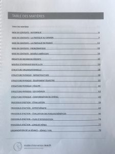 Table des matières du cahier de formation re.a.ch utilisé par les formateurs en réadaptation avec le cheval de hippo reach