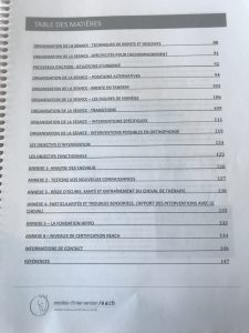 Table des matières du cahier de formation offert lors de la formation re.a.ch en réadaptation assistée par le cheval